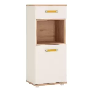 image of 4Kids 1 Door 1 Drawer Narrow Cabinet In Light Oak And White High Gloss (Orange Handles)