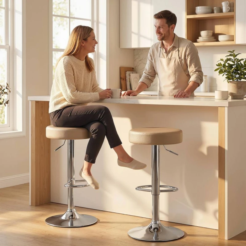 Image of HOMCOM Bar Stools Set of 2, Height Adjustable Breakfast Bar Chairs in Beige Beige Unisex