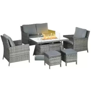 Image of Outsunny 6 Seater Rattan Garden Furniture Set, Gas Fire Pit Table, Wicker Loveseat, 2 Armchairs and 2 Footstools, 6 Piece Patio Rattan furniture Sofa