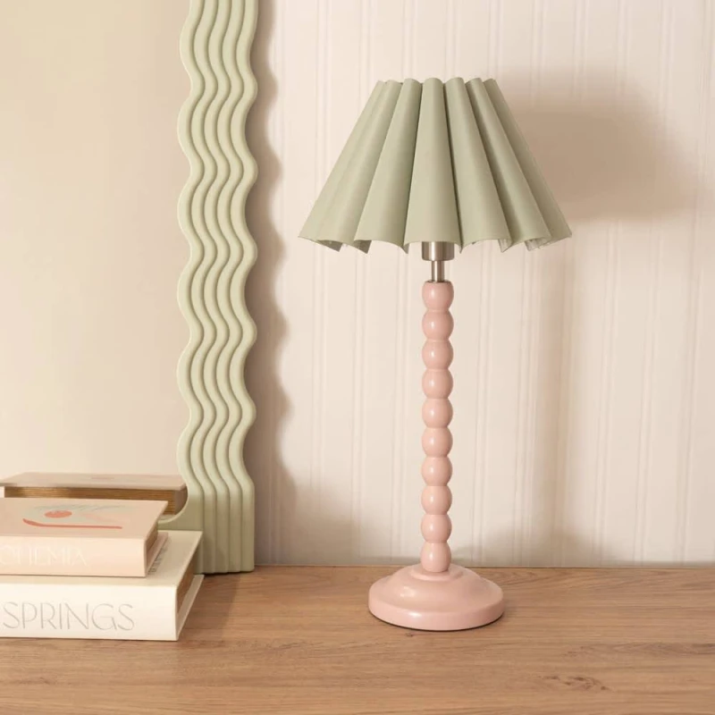Image of ValueLights ValueLights Bobbins Painted Rose Table Lamp with Scallop Tapered Lamp Shade in Pale Green Pale Green One Size Unisex 5059406056291