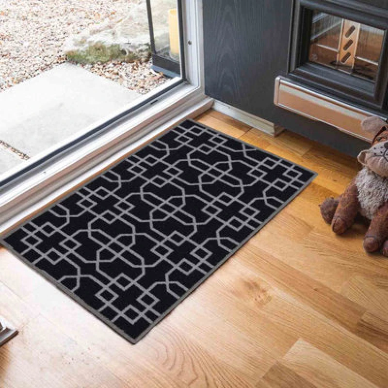 Image of Machine Washable Cubed Trellis Design Anti Slip Doormats Black 40X60 Cm
