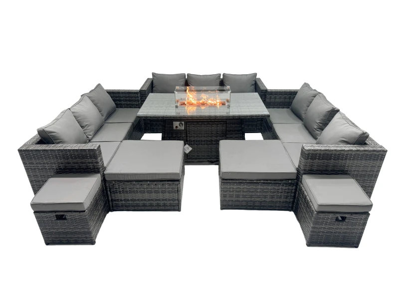 Image of Fimous Rattan Garden Furniture Firepit Dining Set 13 Seater Lounge Sofa Table Set with 4 Footstools Dark Grey