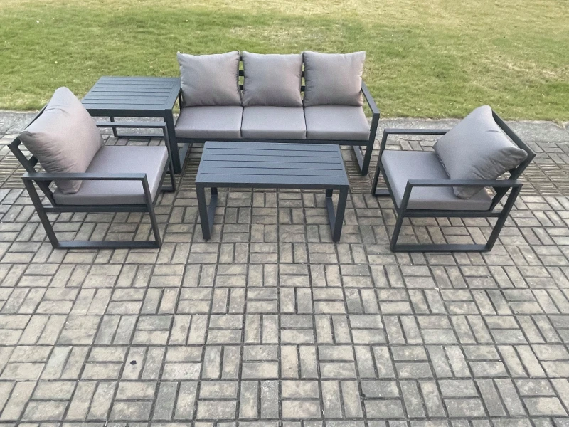 Image of Fimous Aluminium Outdoor Garden Furniture Set Patio Lounge Sofa with Oblong Coffee Table 2 Armchairs Side Table Dark Grey Dark Grey Unisex