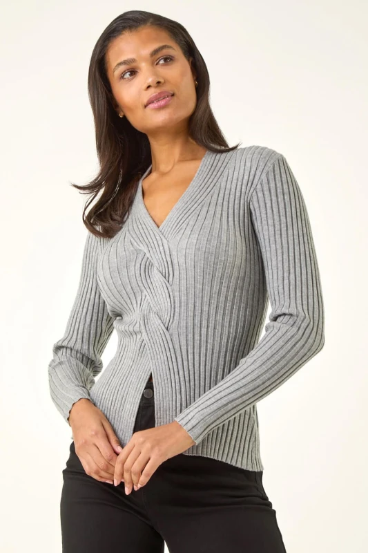 Image of Roman Womens Cable Split Detail Rib Jumper in Grey Size: 14 Grey Female 14