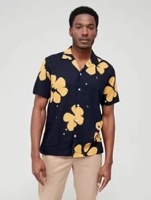 Image of Farah Printed Revere Collar Shirt, Navy, Size L, Men