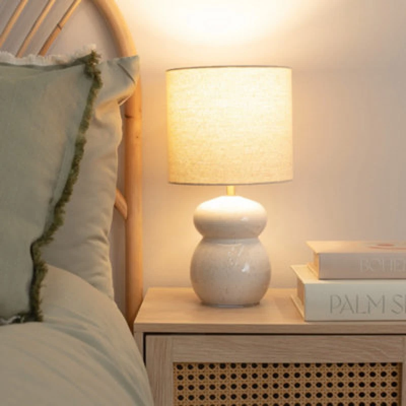 Image of ValueLights ValueLights Kendal Natural Linen Drum Shade Glazed Ceramic Table Lamp with LED Bulb in Off White Off White One Size Unisex 5059406066122