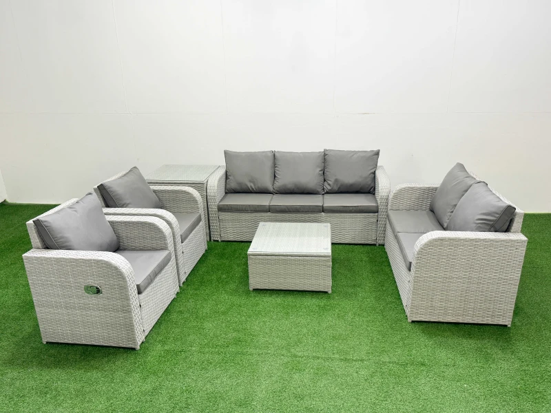 Image of Fimous PE Rattan Garden Furniture Set Adjustable Chair Sofa Double Love Seat 2 Seater Sofa Lounge Set Square Coffee Table Side Table Light Grey Light