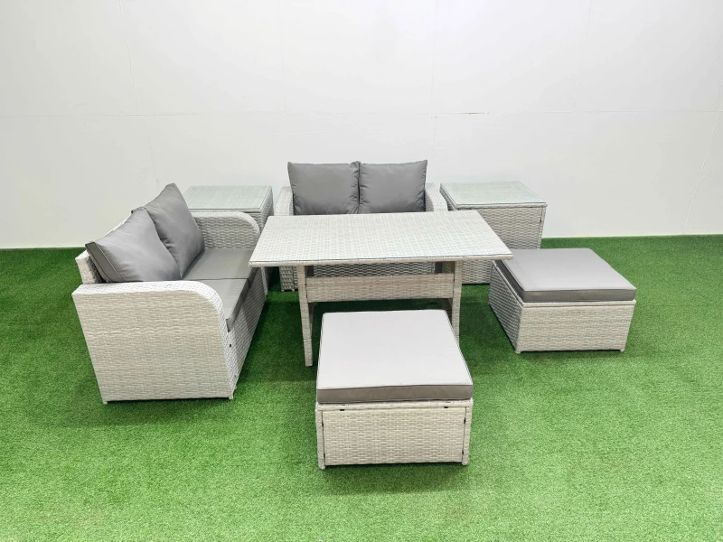 Image of Fimous 6 Seater Outdoor Love Sofa Set Rattan Garden Furniture Set with Rectangular Dining Table 2 Footstool 2 Side Tables Light Grey Light Grey