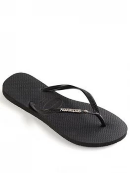 Havaianas Slim Metal Logo and Crystal Flip Flop - Black, Size 6-7, Women