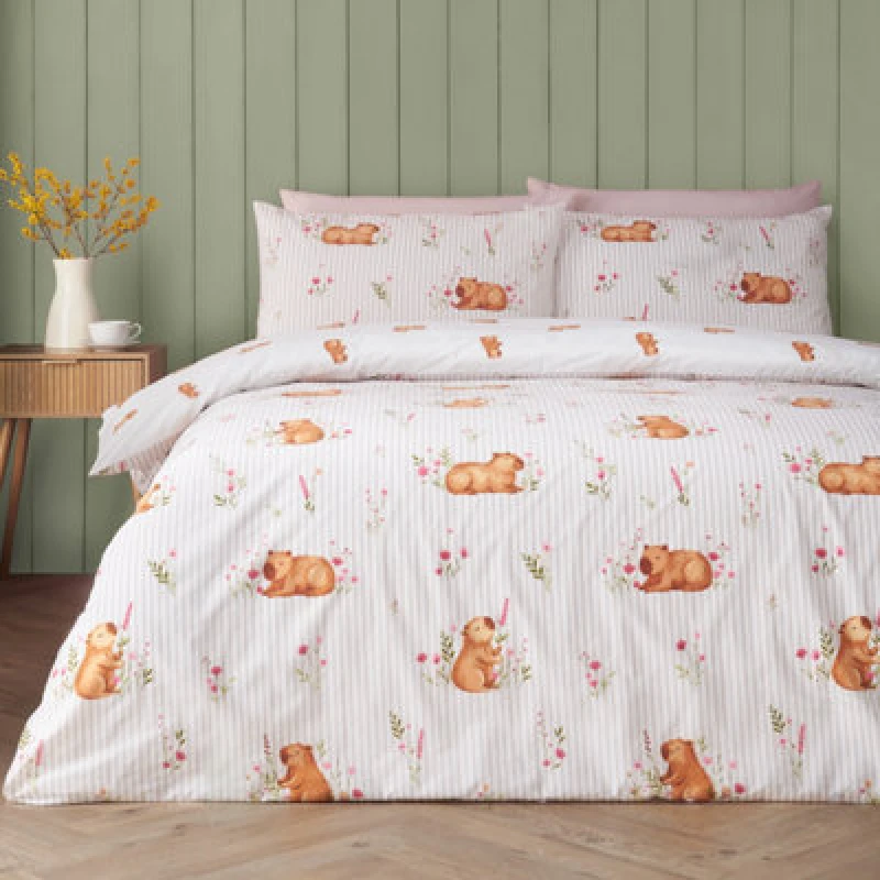 Image of Catherine Lansfield Happy Capy(Bara) Reversible Double Duvet Cover Set With Pillowcases Natural