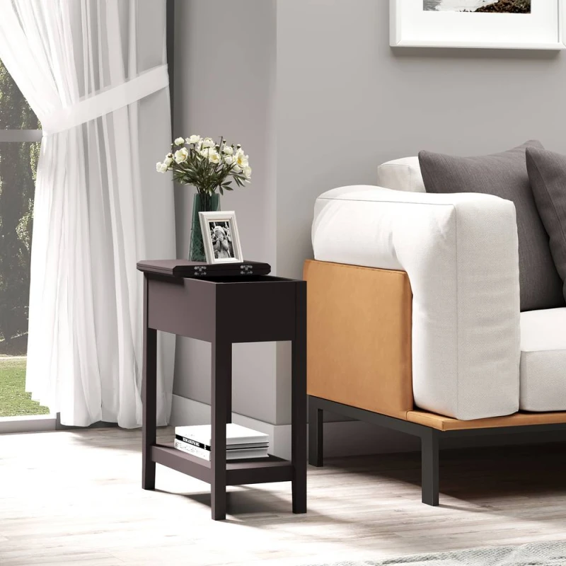 Image of HOMCOM End Table, Narrow Side Table with Flip Top, Bottom Shelf in Brown Brown Unisex