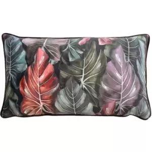 Image of Wylder - Tropics Mogori Leafage Print Velvet Piped Edge Cushion Cover, Aubergine, 30 x 50 Cm