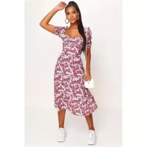 Image of I Saw It First Pink Floral Print Puff Sleeve Button Front Midi Dress - Pink