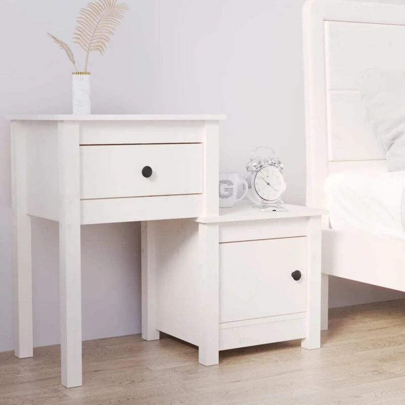 Image of Vidaxl Bedside Cabinet White 79.5X38X65.5cm Solid Wood Pine, White 814541