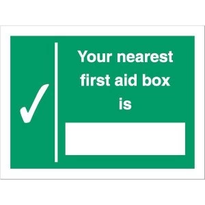 image of Stewart Superior SP075SAV Self Adhesive Vonyl Sign 200x150mm Your Nearest First Aid Box Is