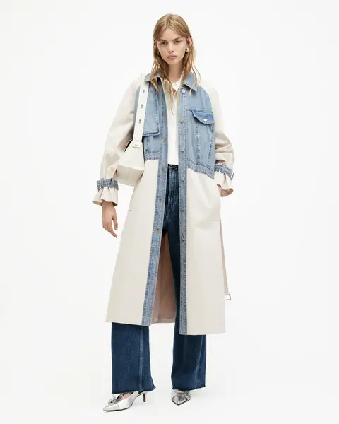 image of AllSaints Dayly Denim Panelled Relaxed Trench Coat