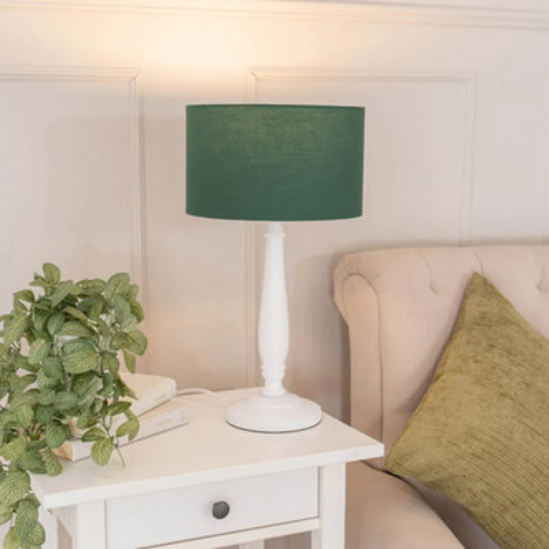 Image of ValueLights Victoria White Wood Traditional Table Lamp with Fabric Drum Shade and LED Bulb Green