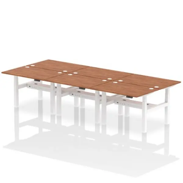 Image of Air Air Back-to-Back 1200 x 800mm Height Adjustable 6 Person Bench Desk Walnut Top with Cable Ports White Frame HASCP6P12800WNTW
