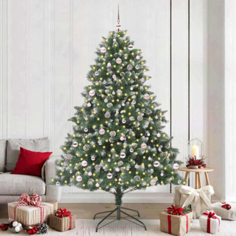 Image of vidaXL Artificial Christmas Tree with Stand, Pink Balls Green 160 x 160 x 240 cm, Green 3395259