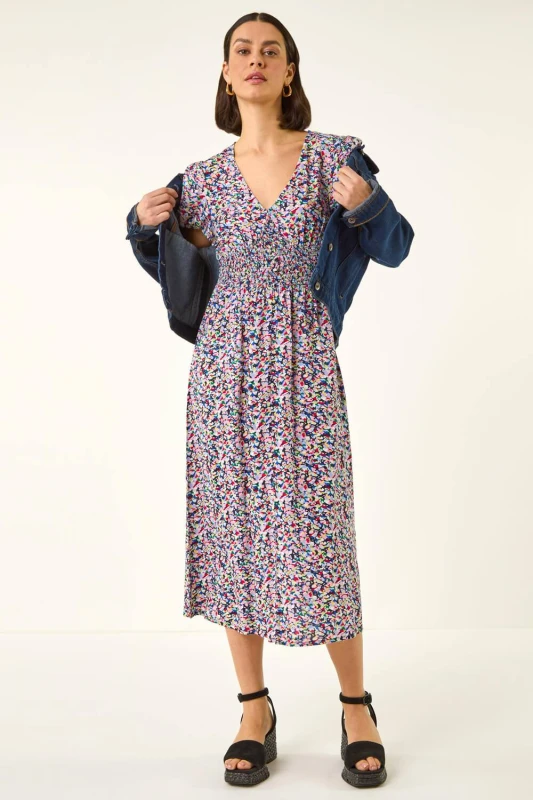 Image of Roman Womens Abstract Print Shirred Midi Dress Size: 10 Multicolor Female 10