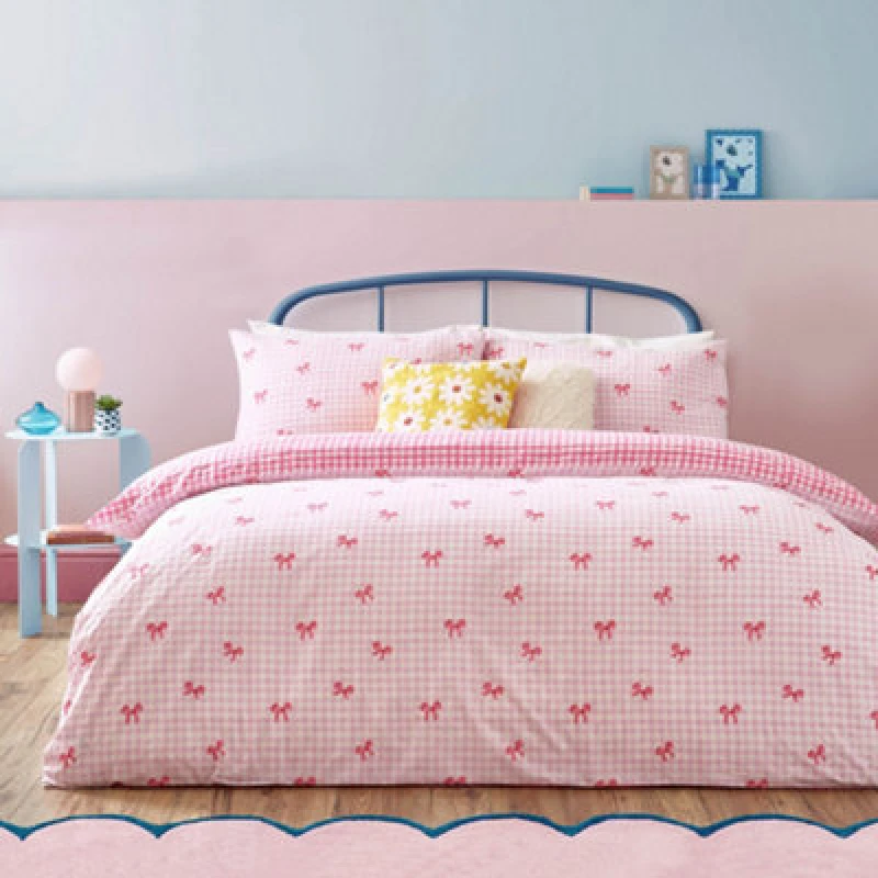 Image of Heya Home Gingham Bows Duvet Cover Set In Pink Pink WIZJ8 Unisex Double,King,Super King