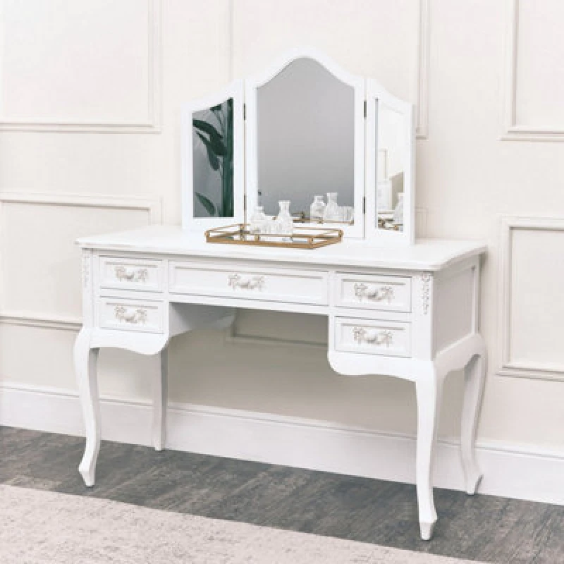 Image of Melody Maison Antique White Dressing Table Desk With Triple Mirror - Pays Blanc Range White