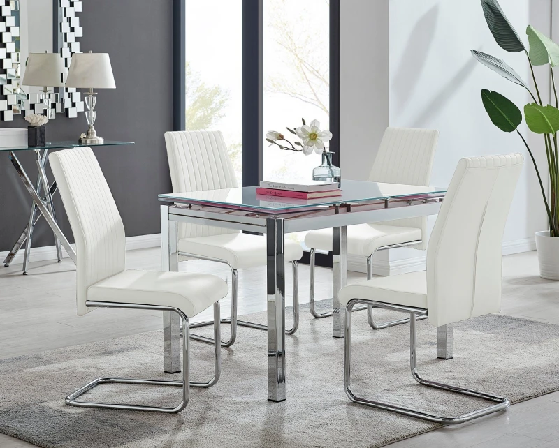 Image of FurnitureboxUK FurnitureboxUK Enna White Glass Extending 4-6 Seater Dining Table and 4 Lorenzo Faux Leather Chairs White One Size Unisex 5056657170288