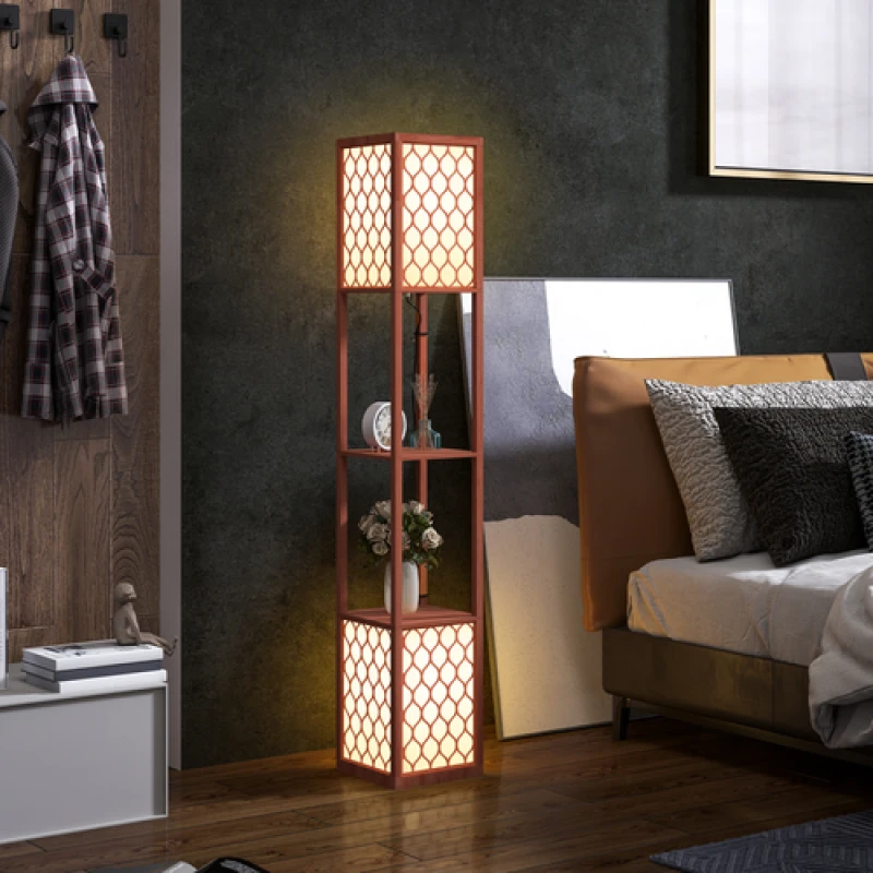 Image of HOMCOM HOMCOM Floor Lamp with Shelves, 2 Light, Modern Standing Lamps for Living Room Bedroom in Brown Brown One Size Unisex 5063603024236