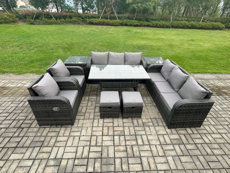 Image of Fimous Outdoor Garden Patio Furniture Wicker Rattan Oblong Rectangular Dining Table & Lounge Sofa set with Adjustable Chair 2 Side Table in Dark Grey