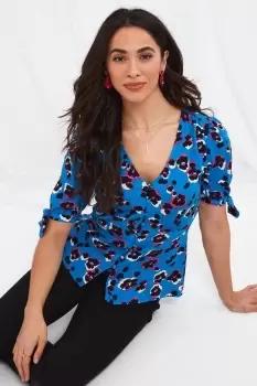 Image of Bold Animal Print Leopard V Neck Tie Sleeve Blouse