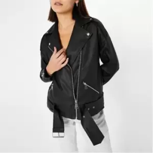 image of Missguided Petite Faux Leather Belted Biker Jacket - Black