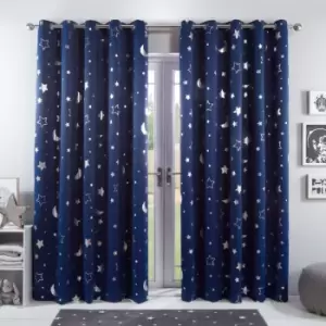 Image of Dreamscene Star Blackout Curtains Pair Eyelet Ready Made Kids Navy - 46" X 54"