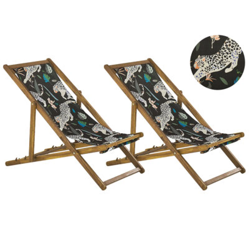 Image of BELIANI Set of 2 Folding Deck Chairs ANZIO with Replacement Fabrics Animal Motif Acacia Wood Light Brown 311321