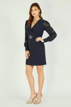 image of Navy Lace Sleeve Dress With Gold Belt Detail