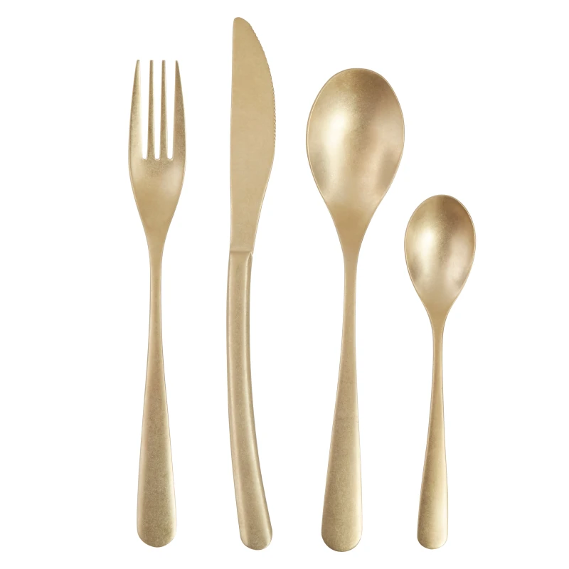 Image of Premier Housewares 16Pc Cutlery Set, Elegant Matte Gold Cutlery Set, Modern Stainless Steel Cutlery Set with Curved Handles Gold