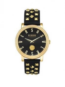 Versus Versace Black And Gold Detail Dial Black Studded Leather Strap Ladies Watch