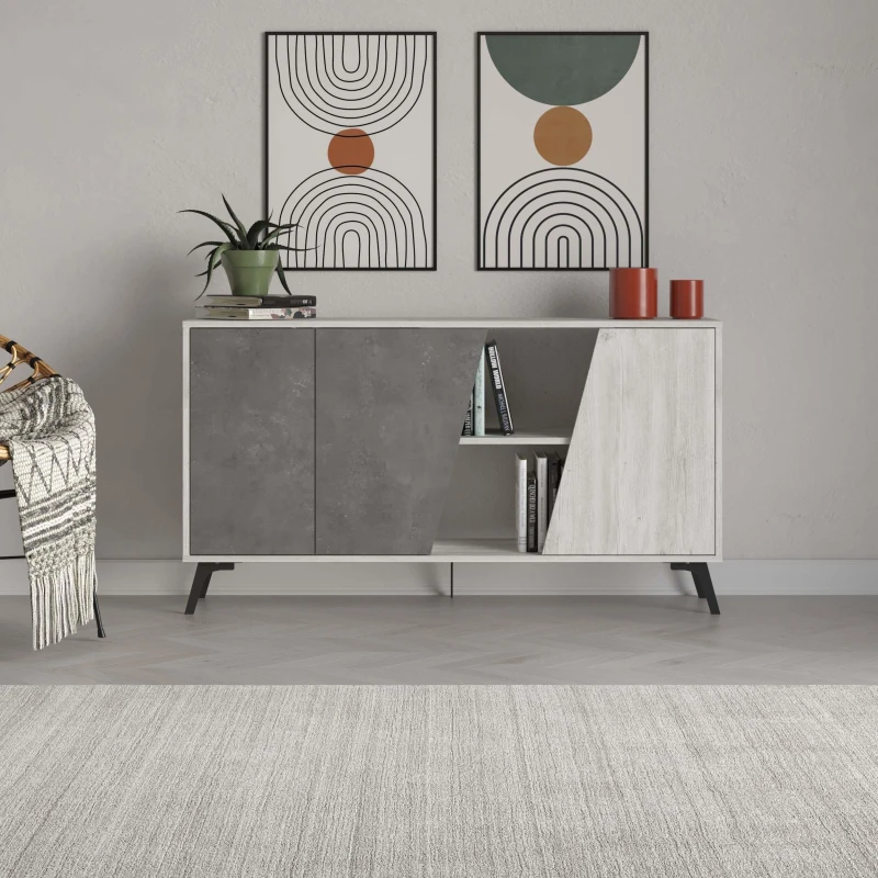 Image of Decortie Sideboard 150Cm 35.6X150X82Cm 3 Particleboard Ancient White,retro Grey, Multi 8680812119804
