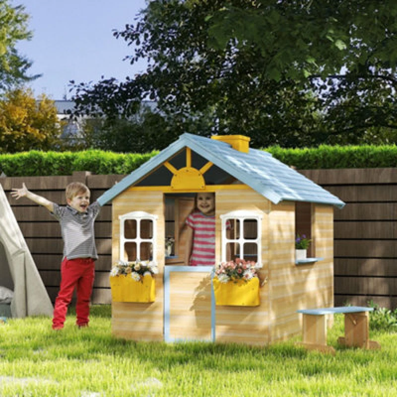 Image of Outsunny Wooden Kids Playhouse W/ Door, Windows, Bench, For 3-7 Years Blue