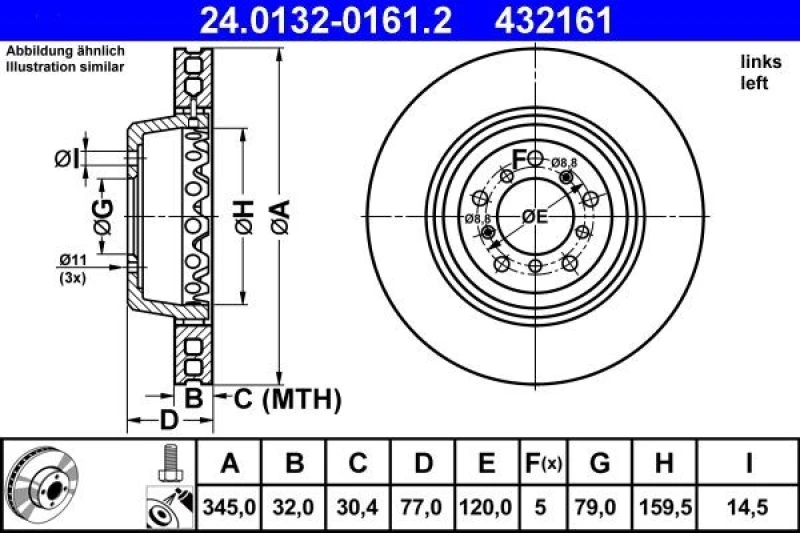 Image of ATE 24.0132-0161.2 Brake disc Vented, Coated, High-carbon, with bolts/screws Brake Disc (82)