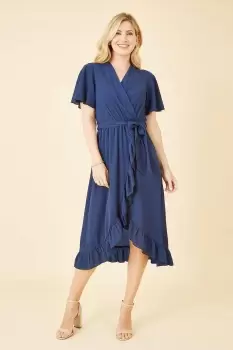 Navy Wrap Over Frill Hem Dress