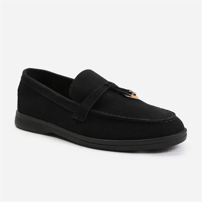 Image of Wheres That From Black Suede Pegasus Wide-Fit Slip On Loafers Black Suede female 5