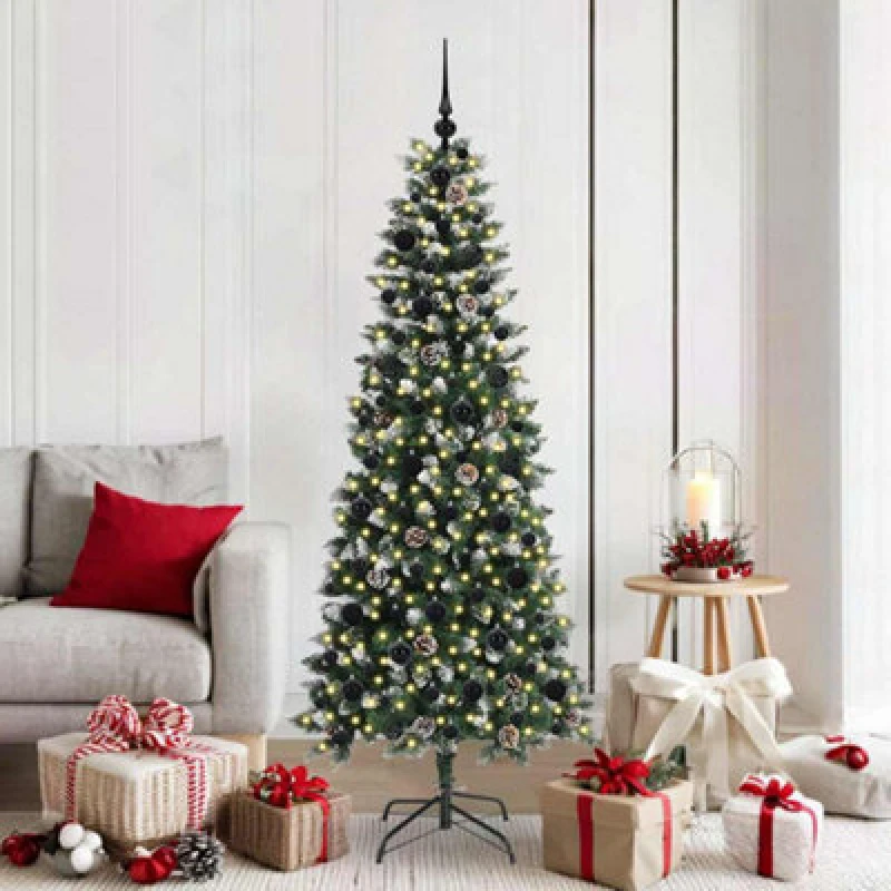 Image of vidaXL Artificial Christmas Tree with 300 LEDs, Black Balls Green 76 x 76 x 180 cm, Green 3395821