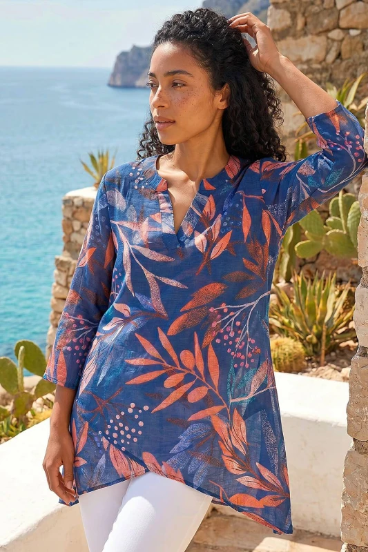 Image of Roman Womens Leaf Print Wrap Front Tunic Top in Navy Size: 10 Navy Female 10