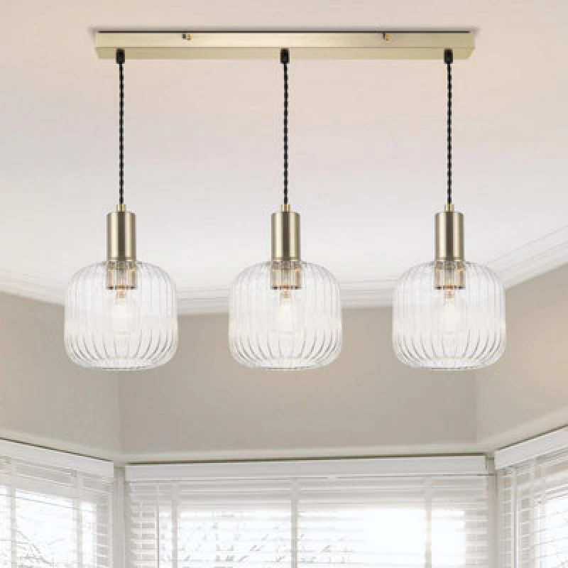 Image of Cosylyte Clayton 3 Light Modern Ribbed Glass Bar Pendant Light - Brushed Brass