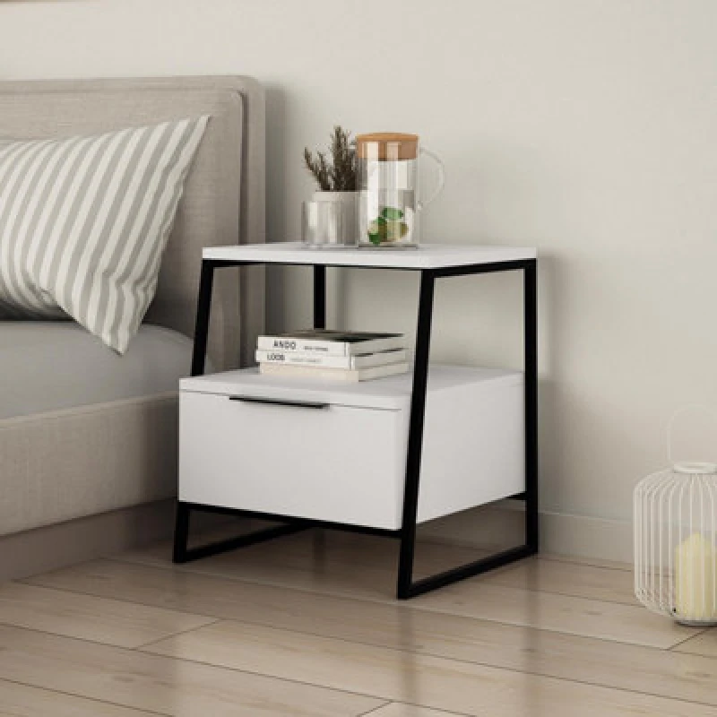Image of FWStyle Matt White 1 Drawer Modern Bedside Table Nightstand Black Metal Frame White