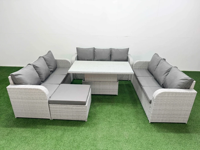 Image of Fimous PE Rattan Lounge Sofa Set 10 Seater Outdoor Garden Furniture Set with Adjustable Lifting Dining or Coffee Table 3 Seater Sofa Big Footstool Lig