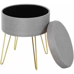 image of Homcom - Round Linen-Look Storage Ottoman Footstool Wood Frame w/ Metal Legs Grey