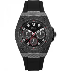 image of GUESS Gents carbon fibre look watch with Black dial and Black silicone strap.