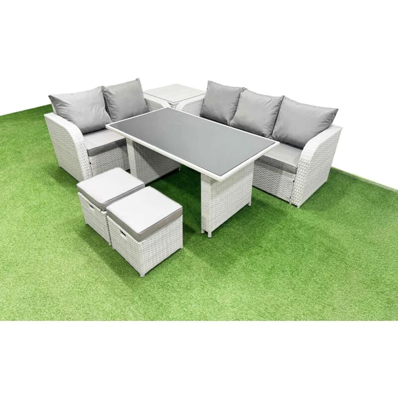 Image of FIMOUS Fimous Garden Furniture Set PE Ratten Garden Sofa Set with Rectangular Dining Table 2 Small Stools Side Table Light Grey B4000913203839