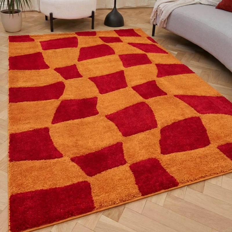 Image of THE RUGS Joli Chequered Soft & Dense Pile Living Room & Bedroom Rug in Red Size: 120cm x 170cm Red Unisex 120cm x 170 cm